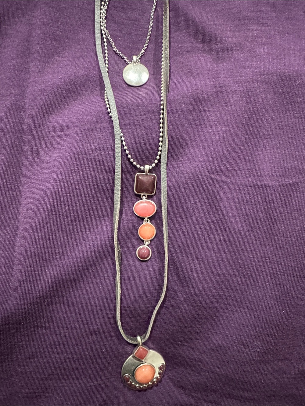 Layered Pink and Coral Stone Pendant Necklace Set